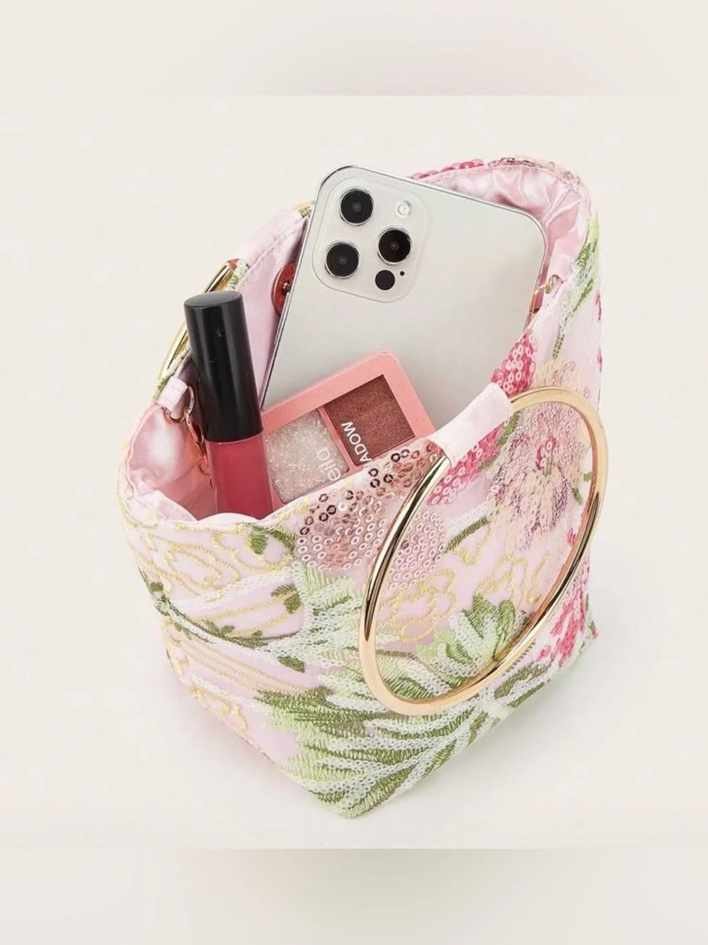 Pink Floral Sequin Ring-Handle Tote